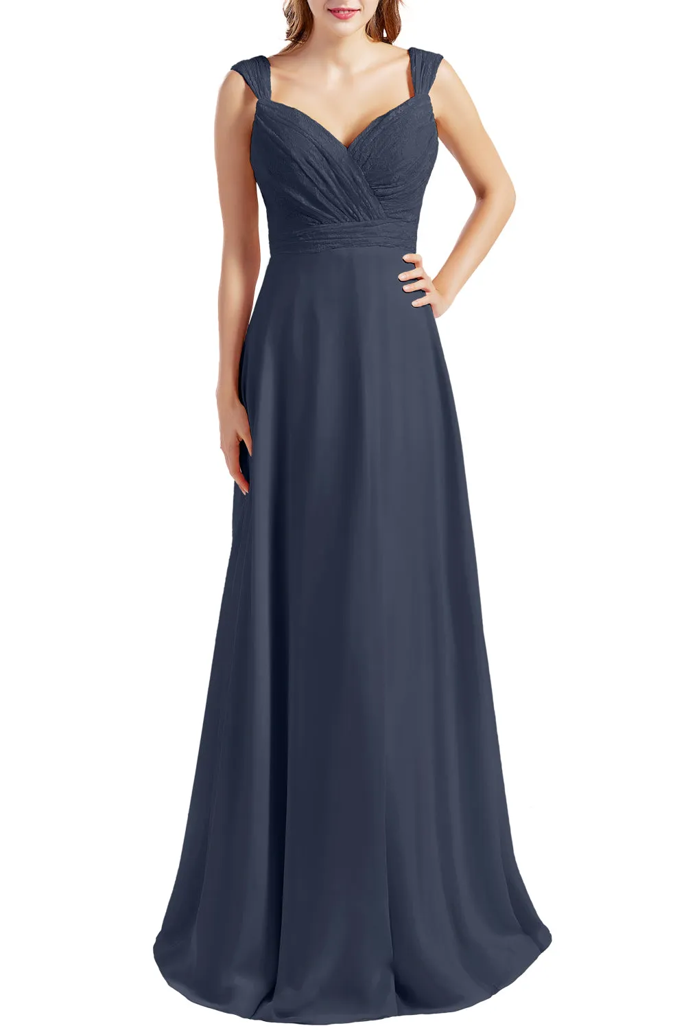 MACloth Women Lace Bodice Chiffon Long Bridesmaid Dresses Formal Evening Gown