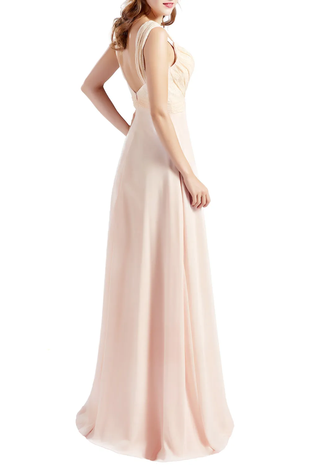 MACloth Women Lace Bodice Chiffon Long Bridesmaid Dresses Formal Evening Gown