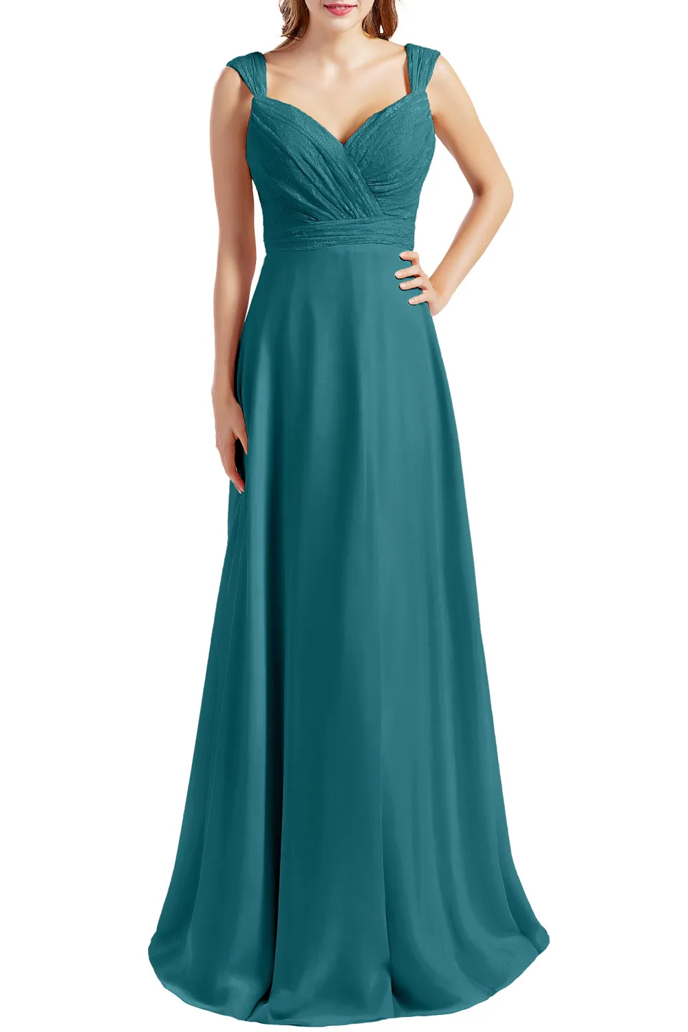 MACloth Women Lace Bodice Chiffon Long Bridesmaid Dresses Formal Evening Gown