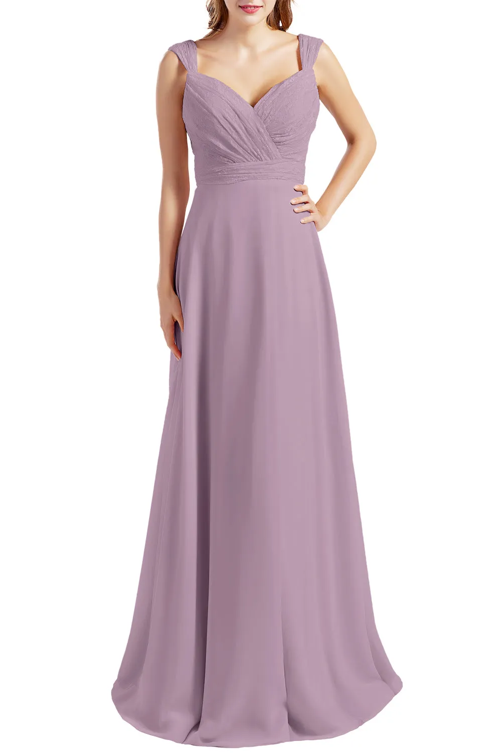 MACloth Women Lace Bodice Chiffon Long Bridesmaid Dresses Formal Evening Gown
