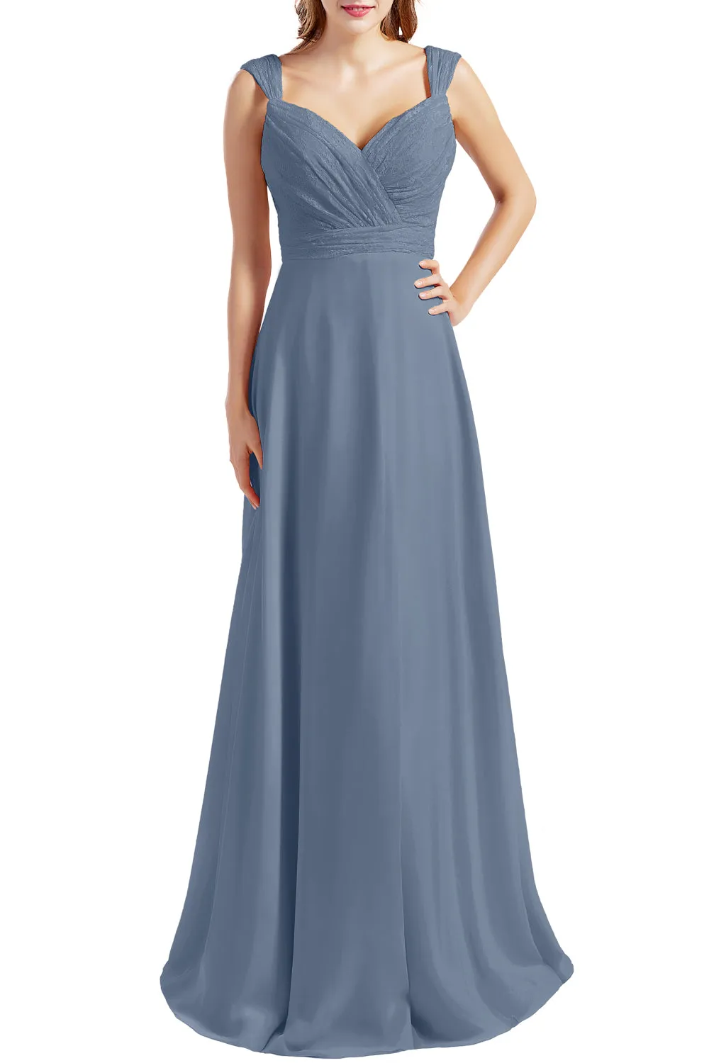 MACloth Women Lace Bodice Chiffon Long Bridesmaid Dresses Formal Evening Gown