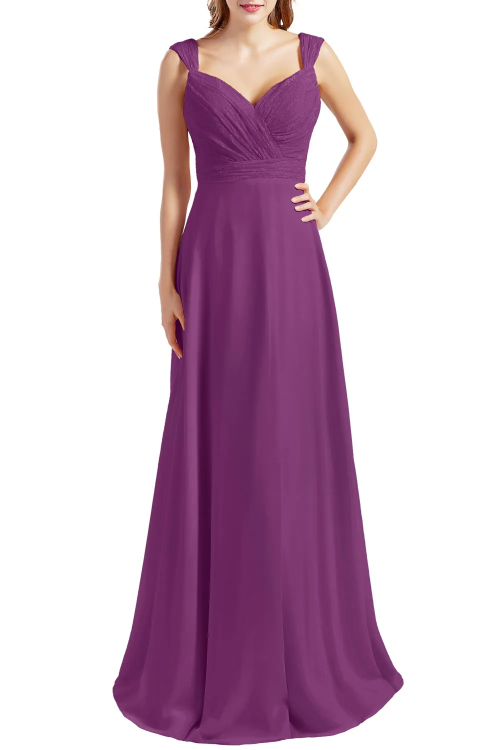 MACloth Women Lace Bodice Chiffon Long Bridesmaid Dresses Formal Evening Gown