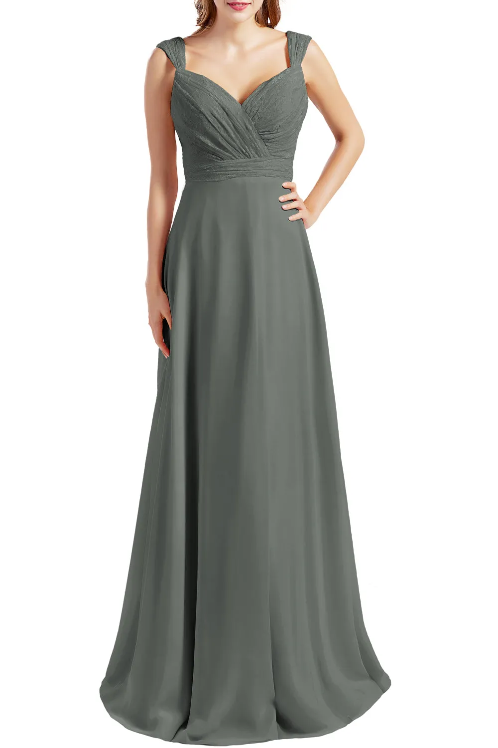 MACloth Women Lace Bodice Chiffon Long Bridesmaid Dresses Formal Evening Gown