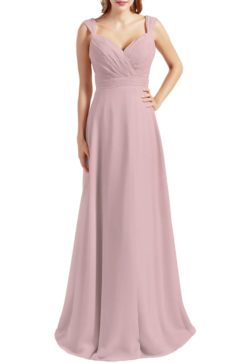 MACloth Women Lace Bodice Chiffon Long Bridesmaid Dresses Formal Evening Gown