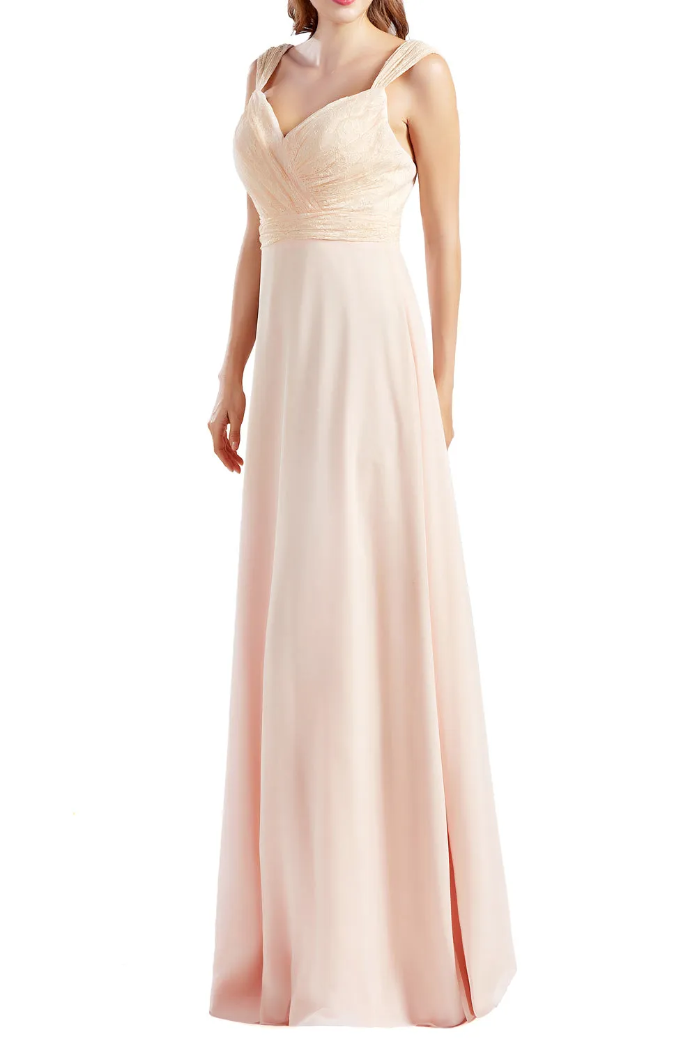 MACloth Women Lace Bodice Chiffon Long Bridesmaid Dresses Formal Evening Gown