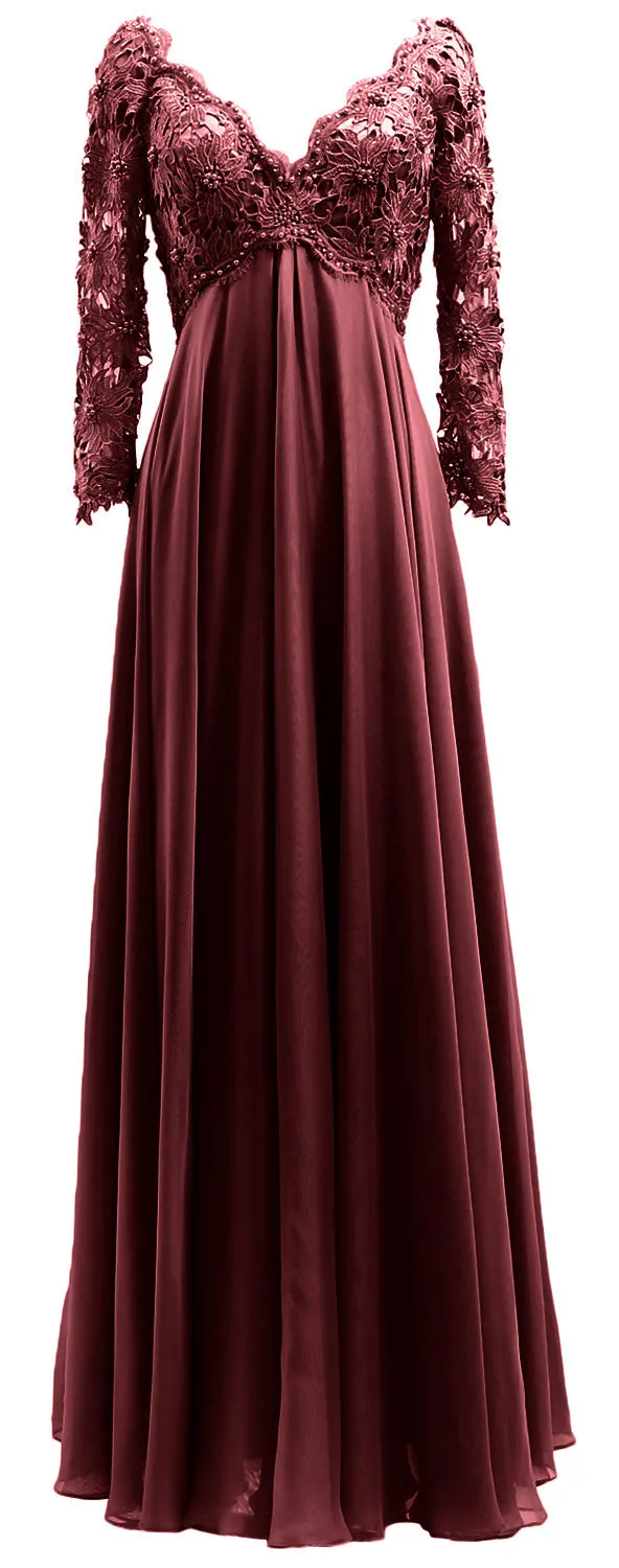 MACloth Women Mother of Bride Dresses V Neck Lace Long Sleeves Evening Gown