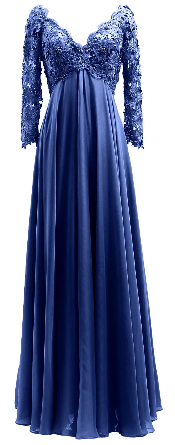 MACloth Women Mother of Bride Dresses V Neck Lace Long Sleeves Evening Gown