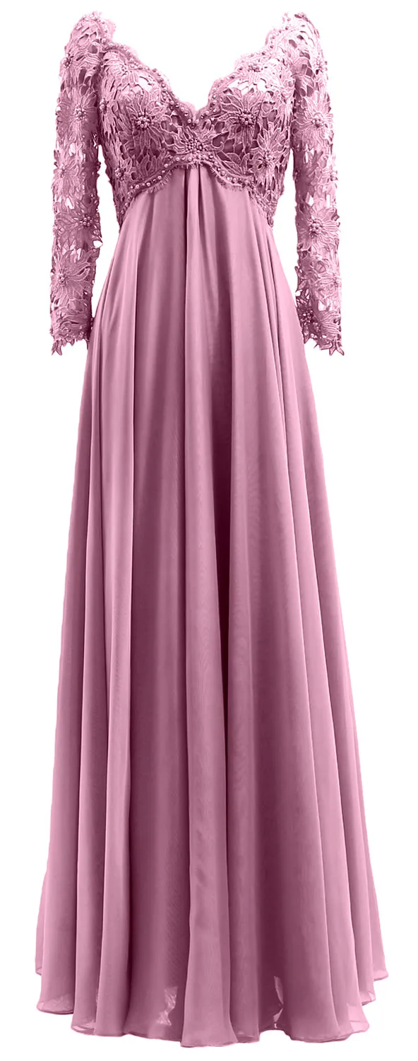 MACloth Women Mother of Bride Dresses V Neck Lace Long Sleeves Evening Gown
