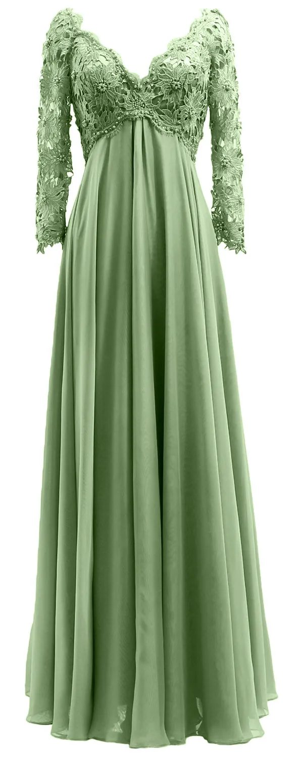 MACloth Women Mother of Bride Dresses V Neck Lace Long Sleeves Evening Gown