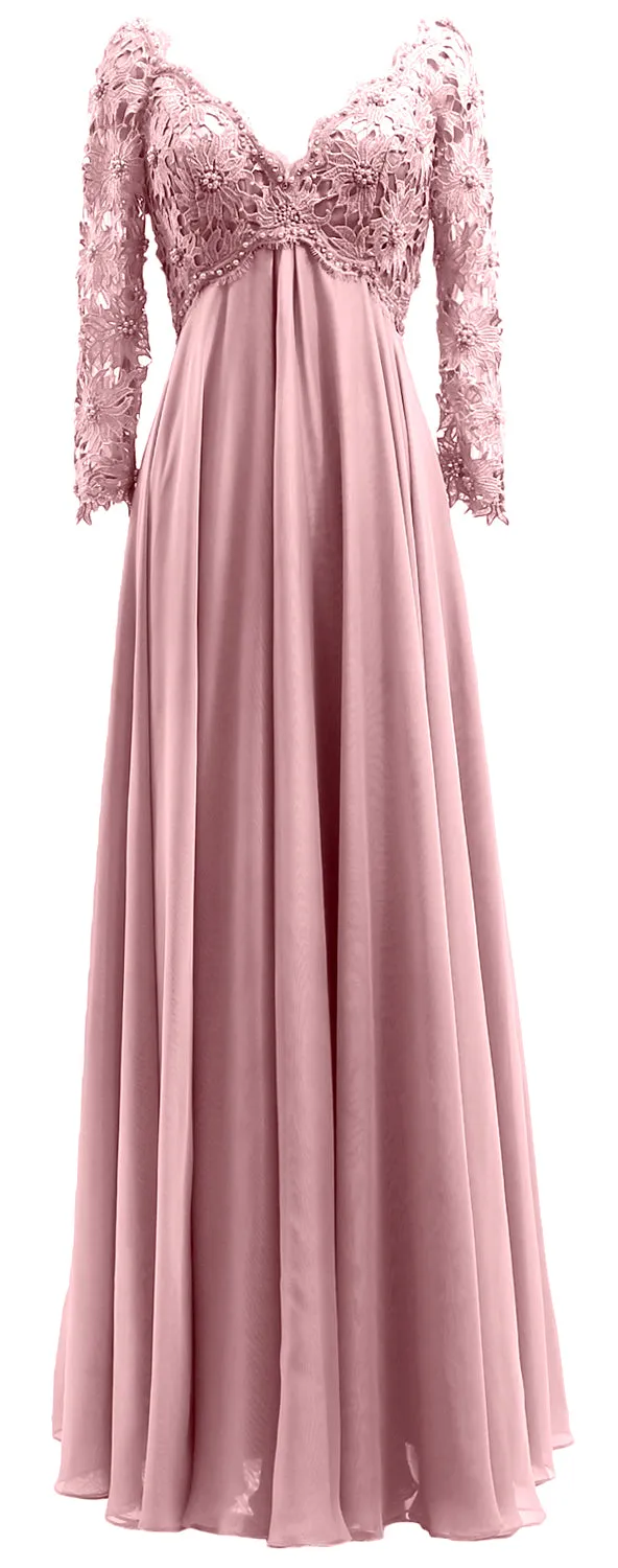 MACloth Women Mother of Bride Dresses V Neck Lace Long Sleeves Evening Gown