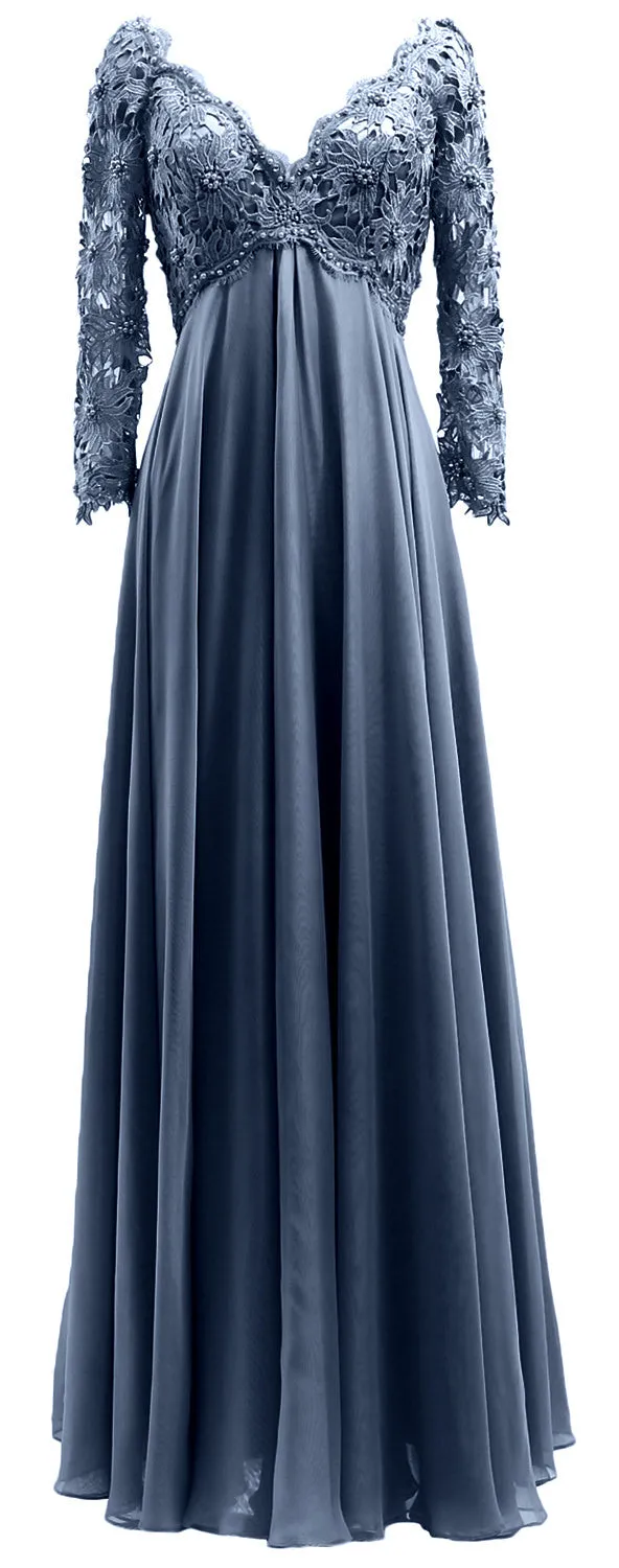 MACloth Women Mother of Bride Dresses V Neck Lace Long Sleeves Evening Gown