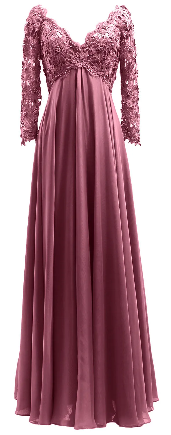 MACloth Women Mother of Bride Dresses V Neck Lace Long Sleeves Evening Gown