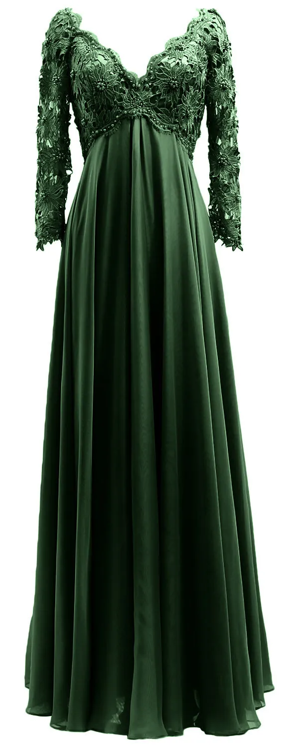 MACloth Women Mother of Bride Dresses V Neck Lace Long Sleeves Evening Gown