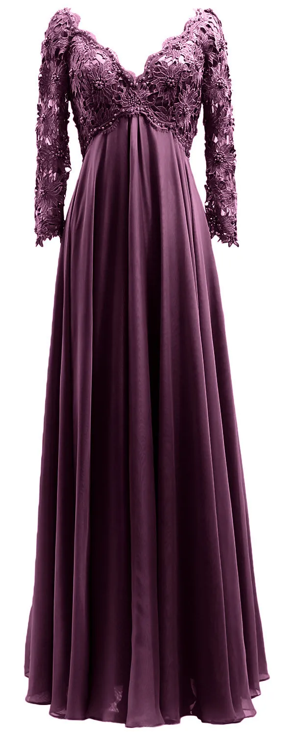 MACloth Women Mother of Bride Dresses V Neck Lace Long Sleeves Evening Gown