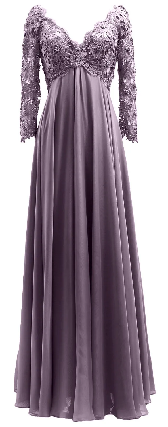 MACloth Women Mother of Bride Dresses V Neck Lace Long Sleeves Evening Gown