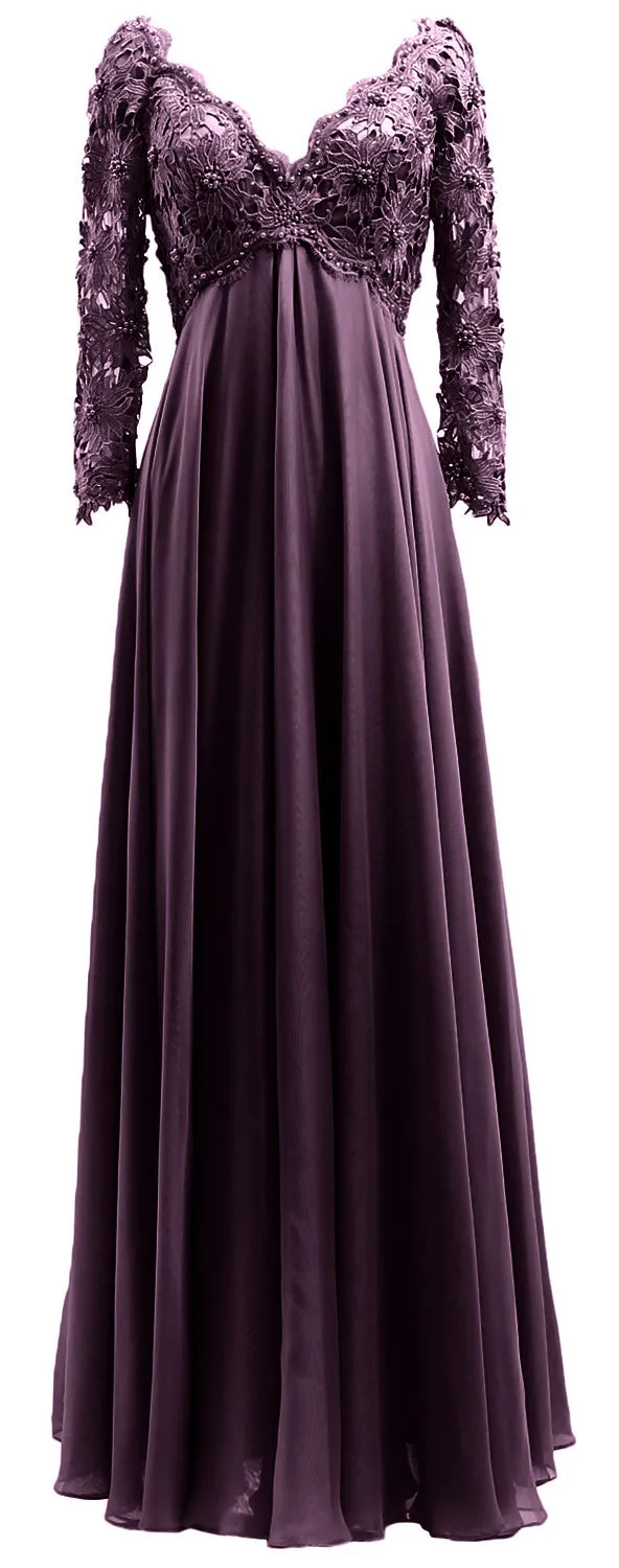 MACloth Women Mother of Bride Dresses V Neck Lace Long Sleeves Evening Gown