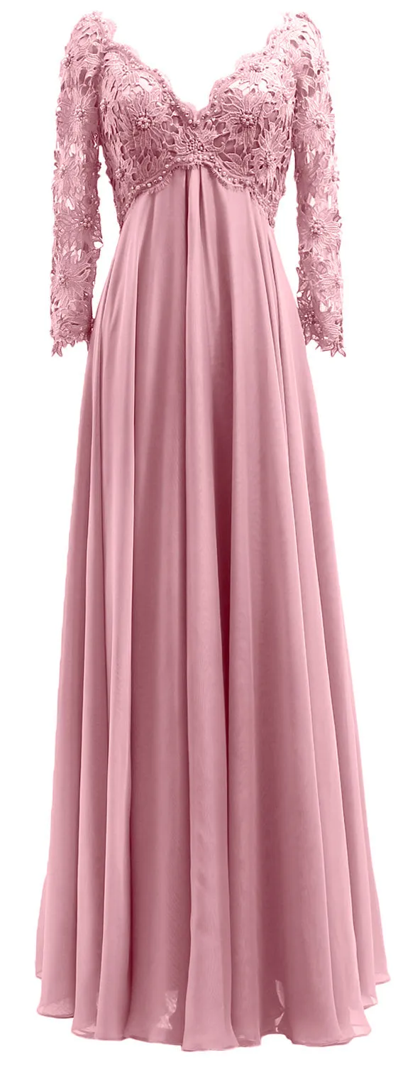 MACloth Women Mother of Bride Dresses V Neck Lace Long Sleeves Evening Gown