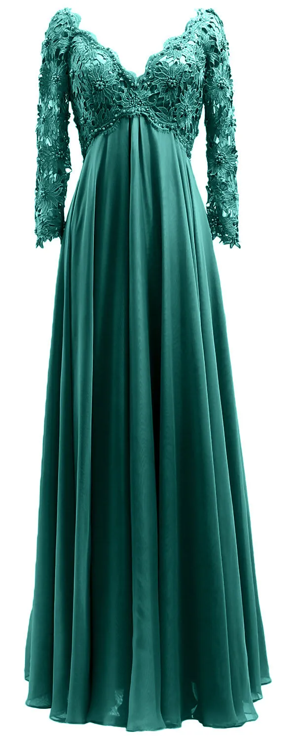 MACloth Women Mother of Bride Dresses V Neck Lace Long Sleeves Evening Gown