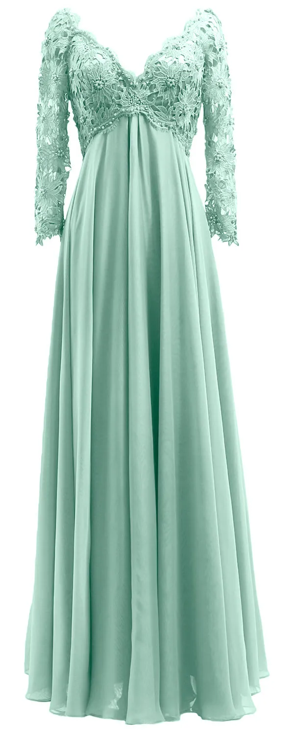 MACloth Women Mother of Bride Dresses V Neck Lace Long Sleeves Evening Gown