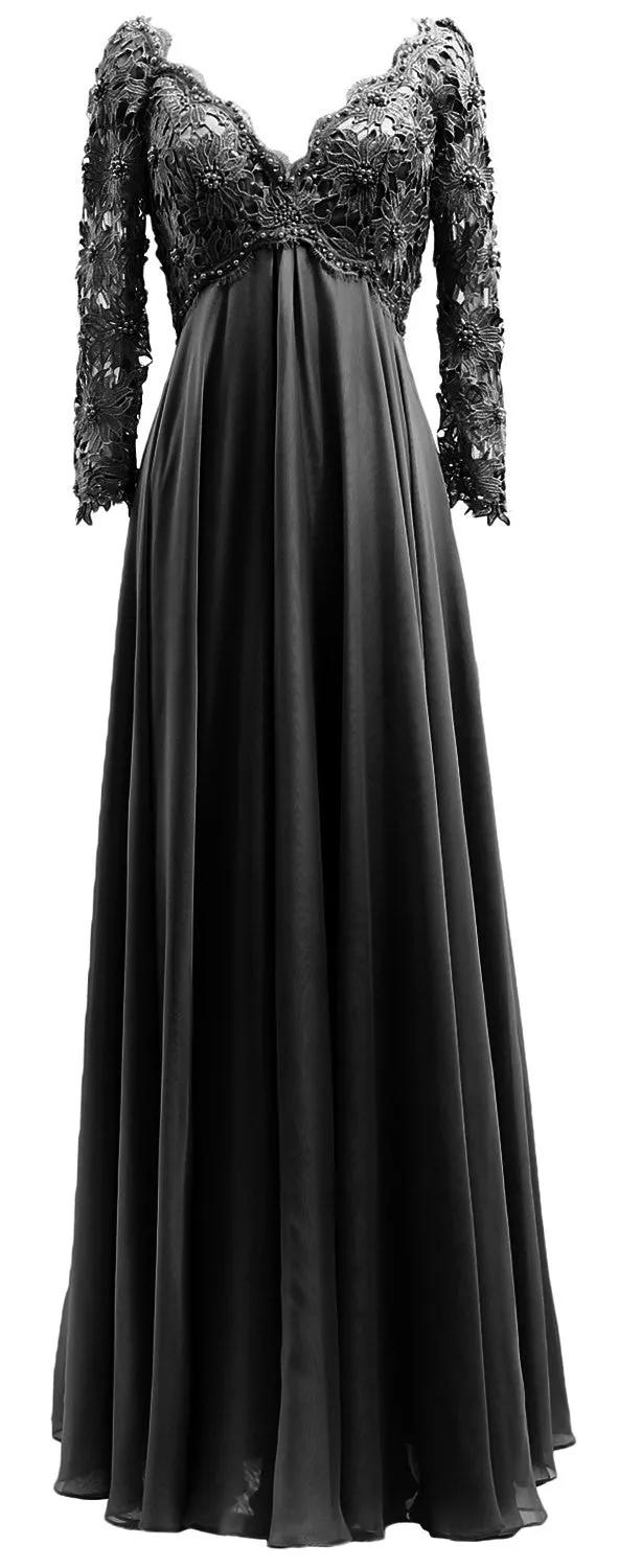 MACloth Women Mother of Bride Dresses V Neck Lace Long Sleeves Evening Gown