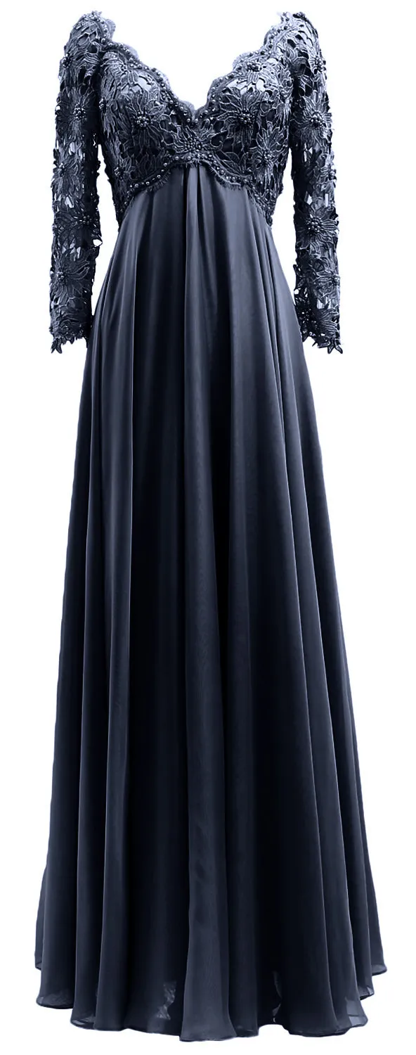 MACloth Women Mother of Bride Dresses V Neck Lace Long Sleeves Evening Gown