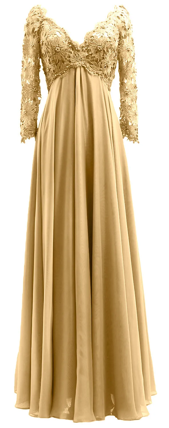 MACloth Women Mother of Bride Dresses V Neck Lace Long Sleeves Evening Gown