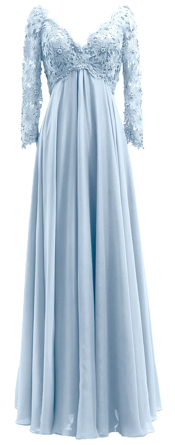 MACloth Women Mother of Bride Dresses V Neck Lace Long Sleeves Evening Gown