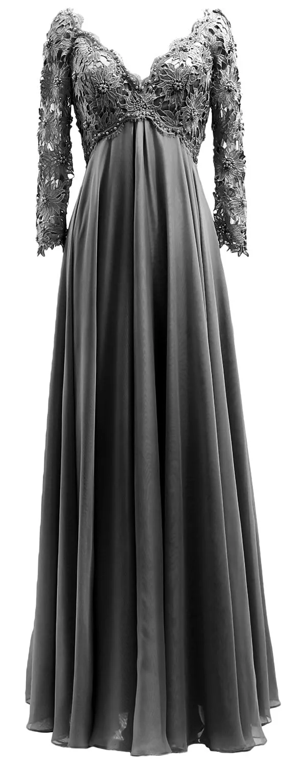 MACloth Women Mother of Bride Dresses V Neck Lace Long Sleeves Evening Gown