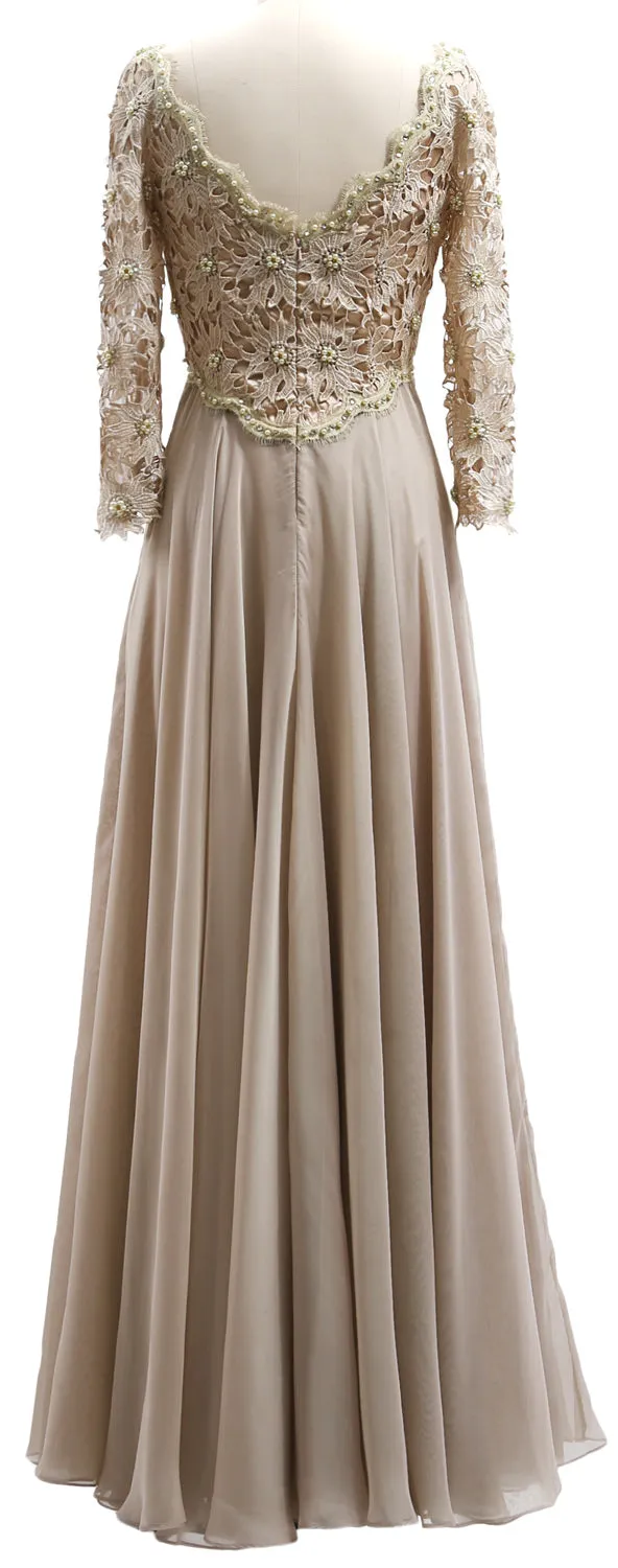MACloth Women Mother of Bride Dresses V Neck Lace Long Sleeves Evening Gown