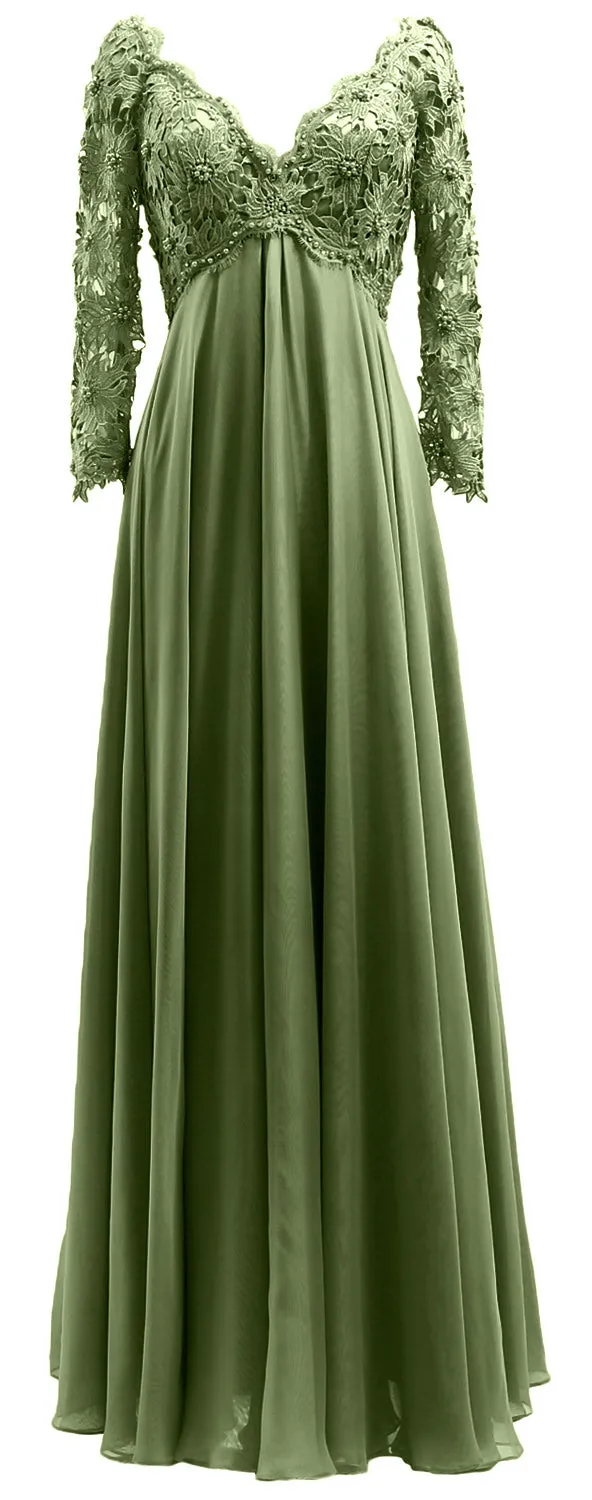 MACloth Women Mother of Bride Dresses V Neck Lace Long Sleeves Evening Gown