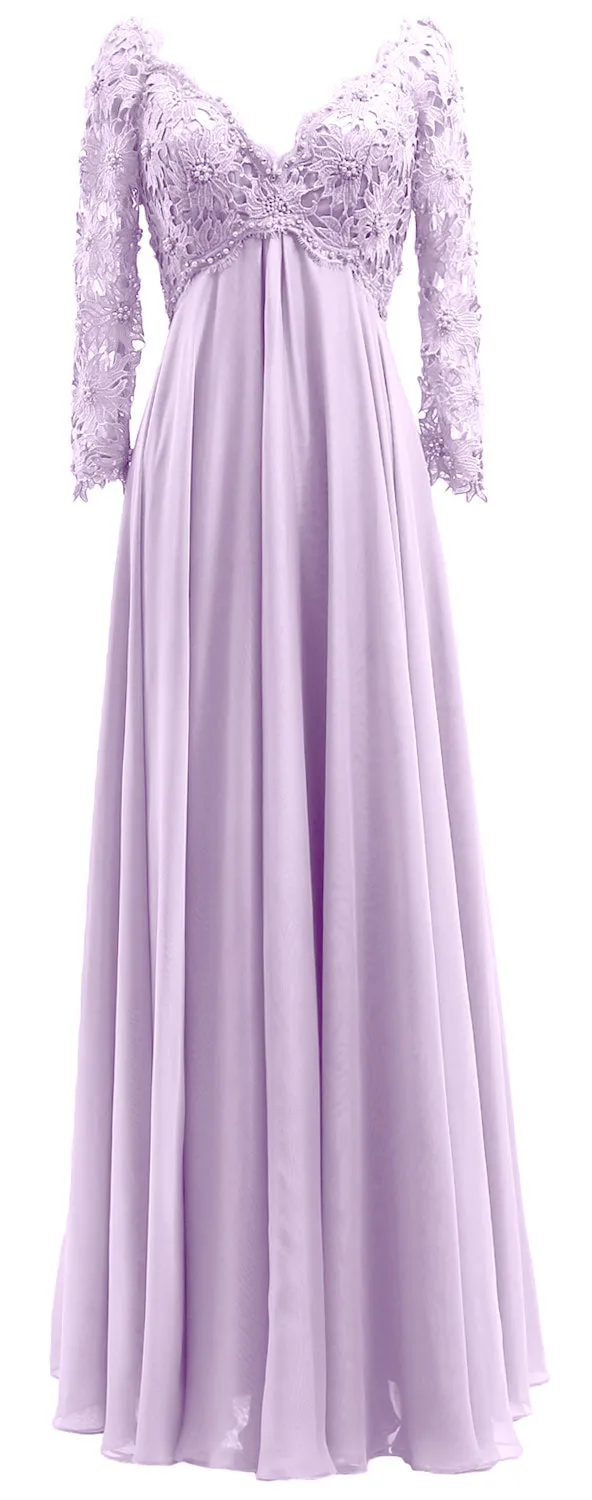 MACloth Women Mother of Bride Dresses V Neck Lace Long Sleeves Evening Gown