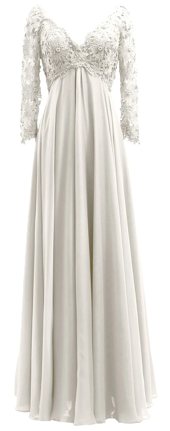 MACloth Women Mother of Bride Dresses V Neck Lace Long Sleeves Evening Gown