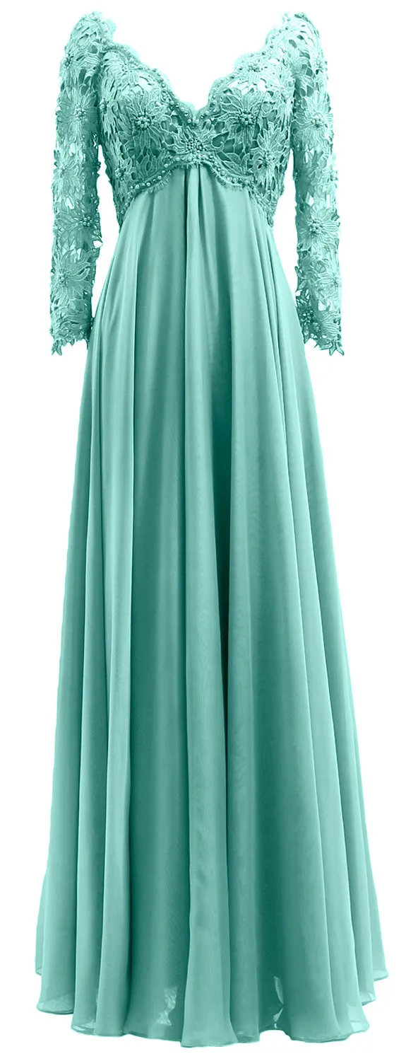 MACloth Women Mother of Bride Dresses V Neck Lace Long Sleeves Evening Gown