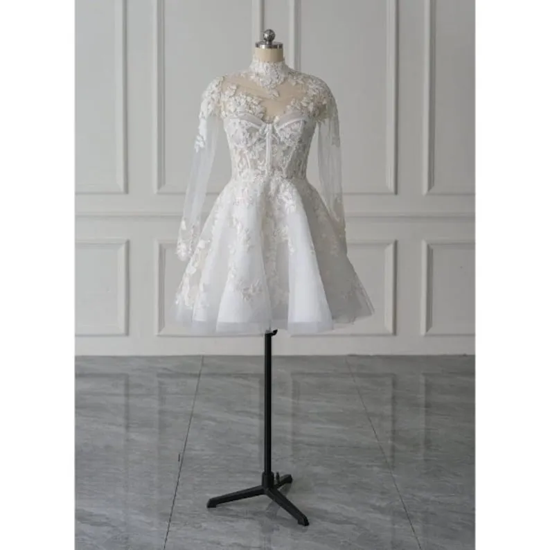 Marilla | Short White A-Line Illusion Neck Long Sleeves Lace Wedding Dresses