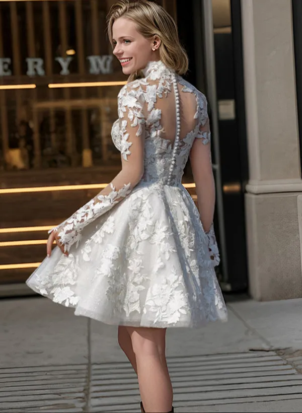 Marilla | Short White A-Line Illusion Neck Long Sleeves Lace Wedding Dresses