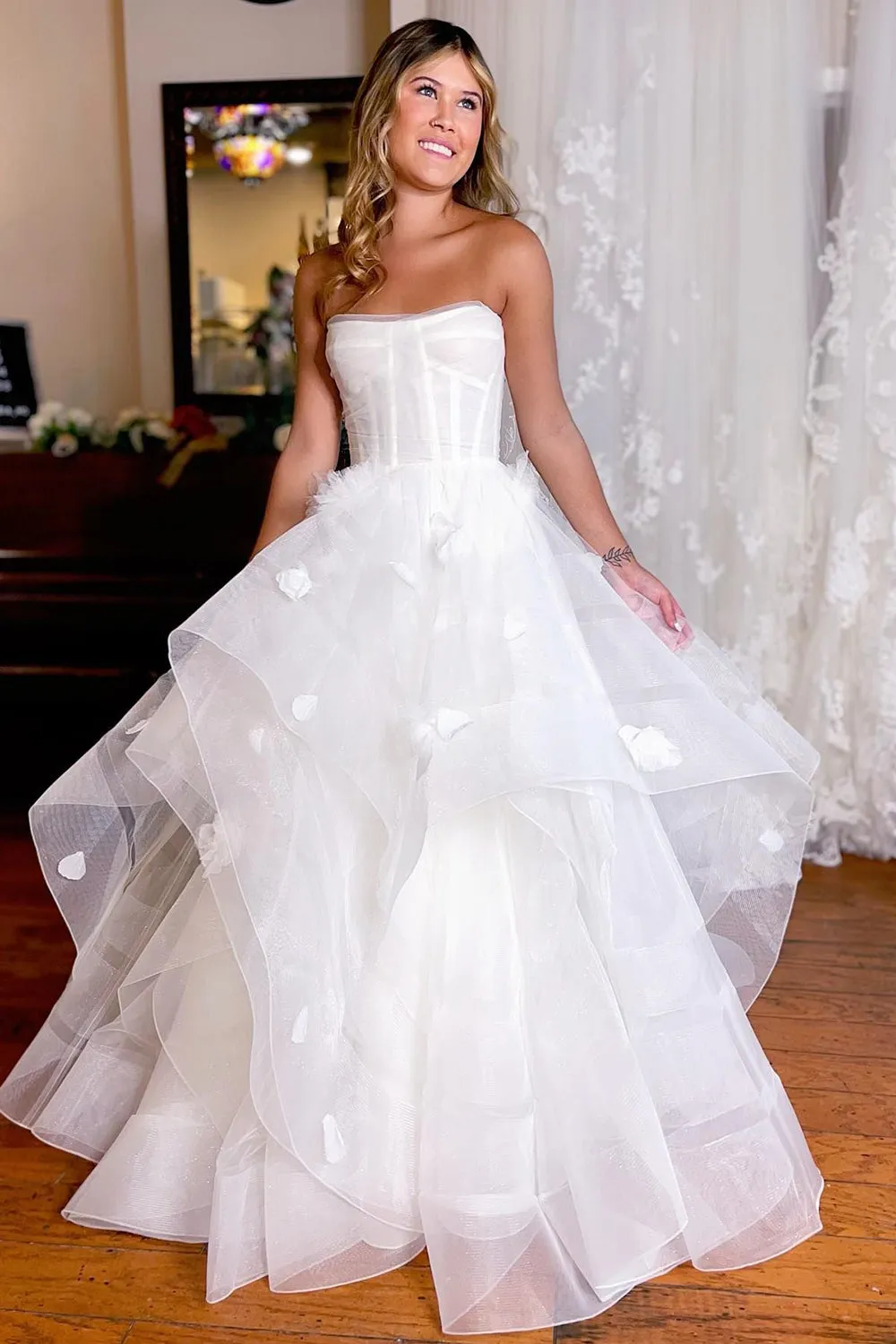 Monica | Simple White Corset A-Line Wedding Dress with Appliques
