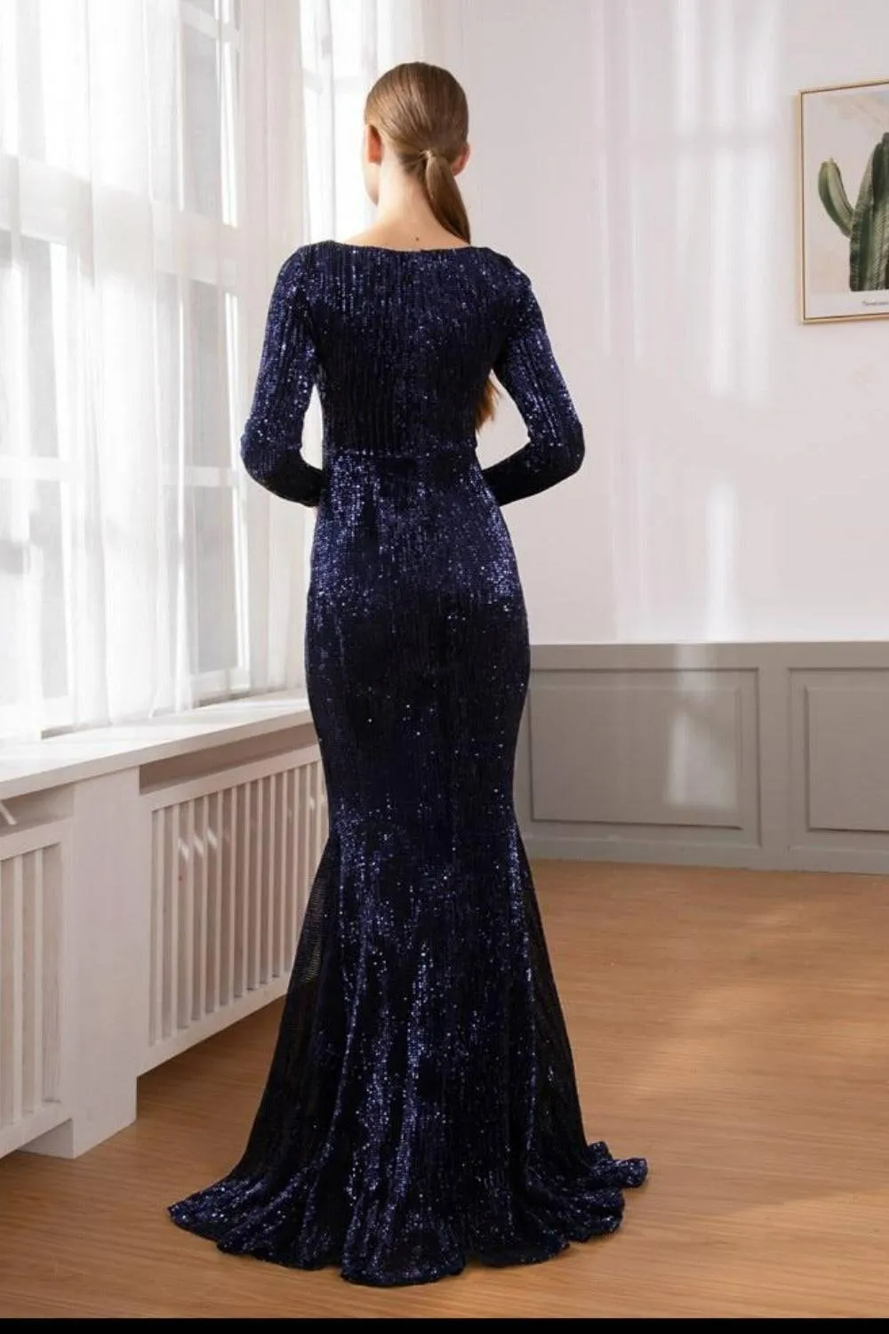 Navy Blue Long Sleeve Elastic Sequins Mermaid Maxi Dress