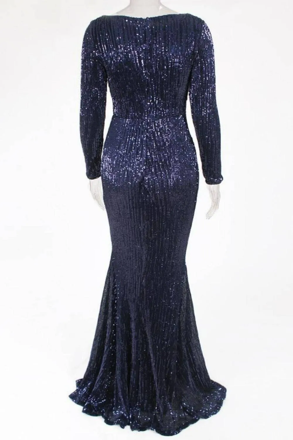 Navy Blue Long Sleeve Elastic Sequins Mermaid Maxi Dress