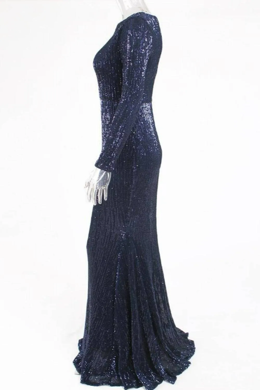 Navy Blue Long Sleeve Elastic Sequins Mermaid Maxi Dress