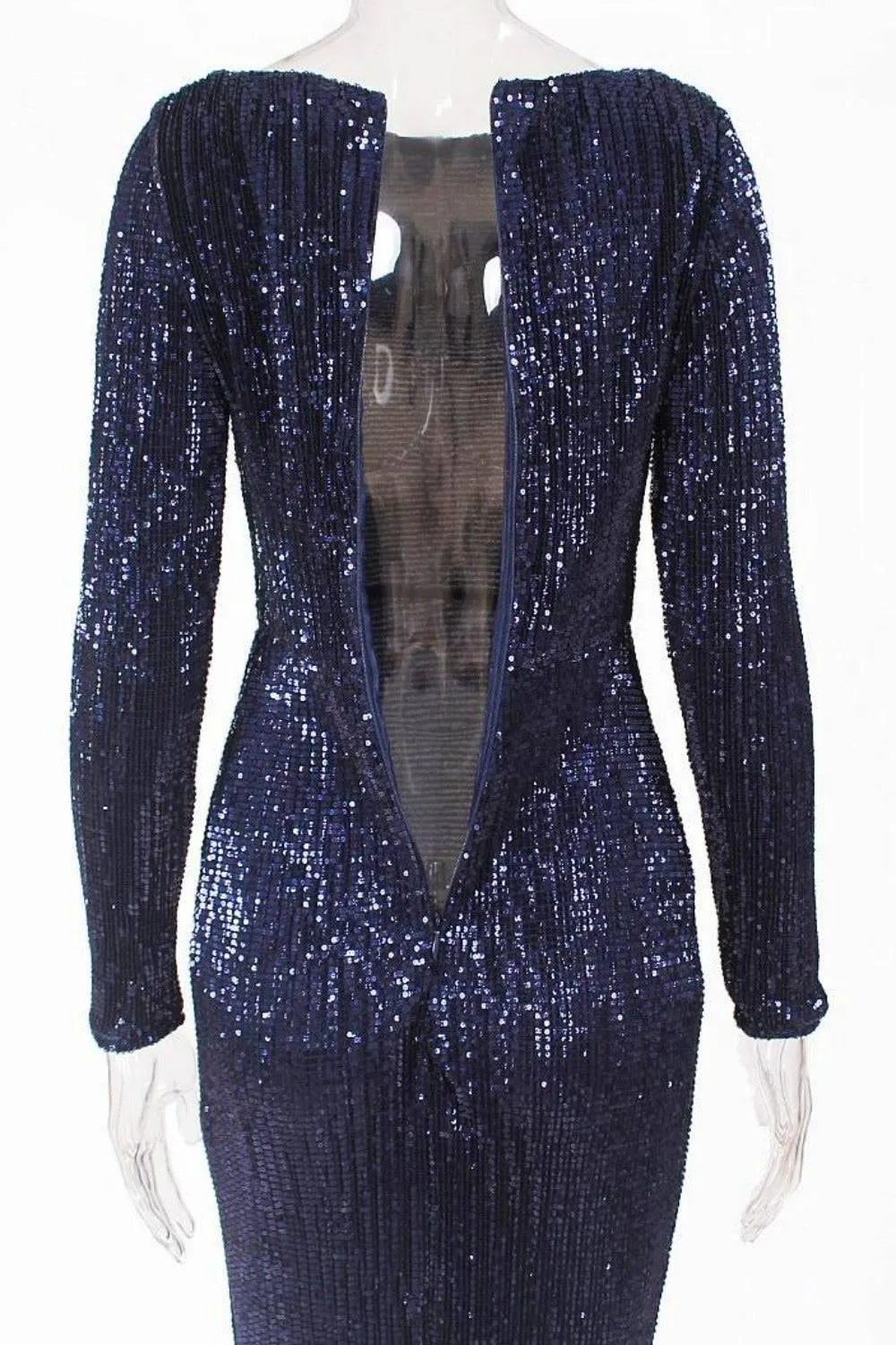 Navy Blue Long Sleeve Elastic Sequins Mermaid Maxi Dress