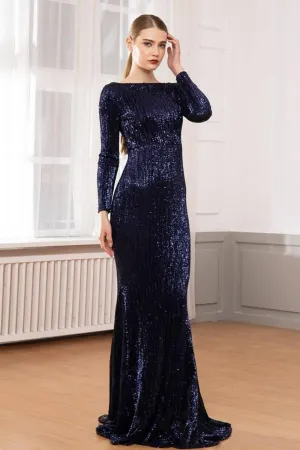 Navy Blue Long Sleeve Elastic Sequins Mermaid Maxi Dress