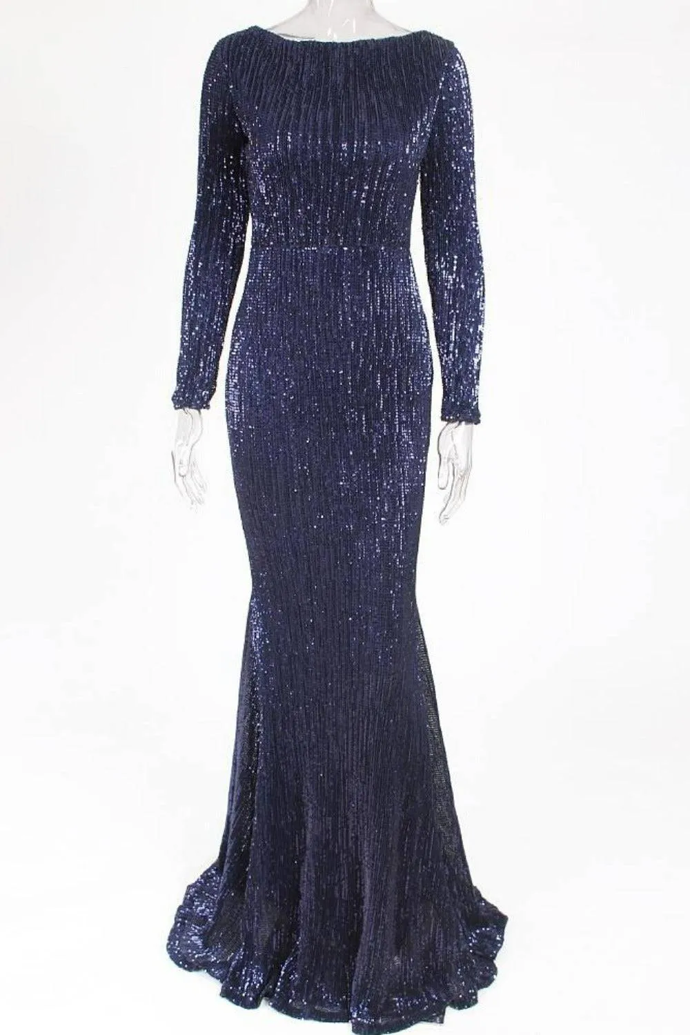 Navy Blue Long Sleeve Elastic Sequins Mermaid Maxi Dress