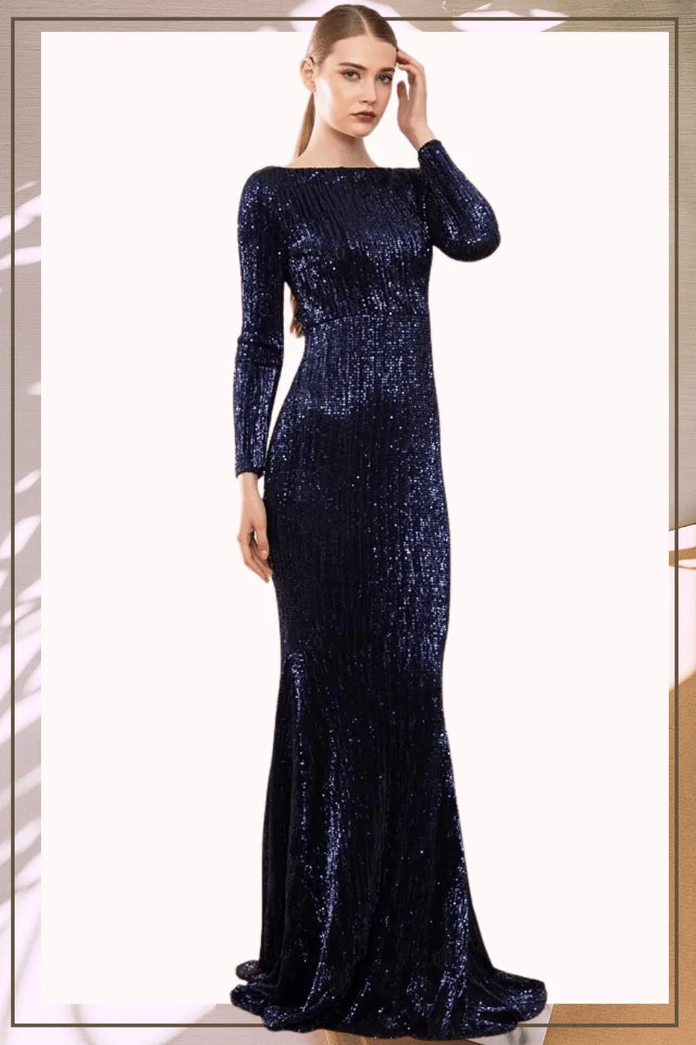 Navy Blue Long Sleeve Elastic Sequins Mermaid Maxi Dress