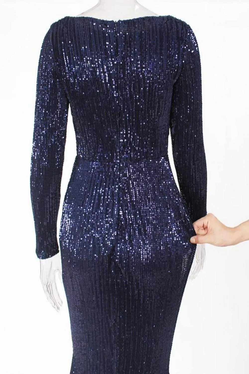Navy Blue Long Sleeve Elastic Sequins Mermaid Maxi Dress