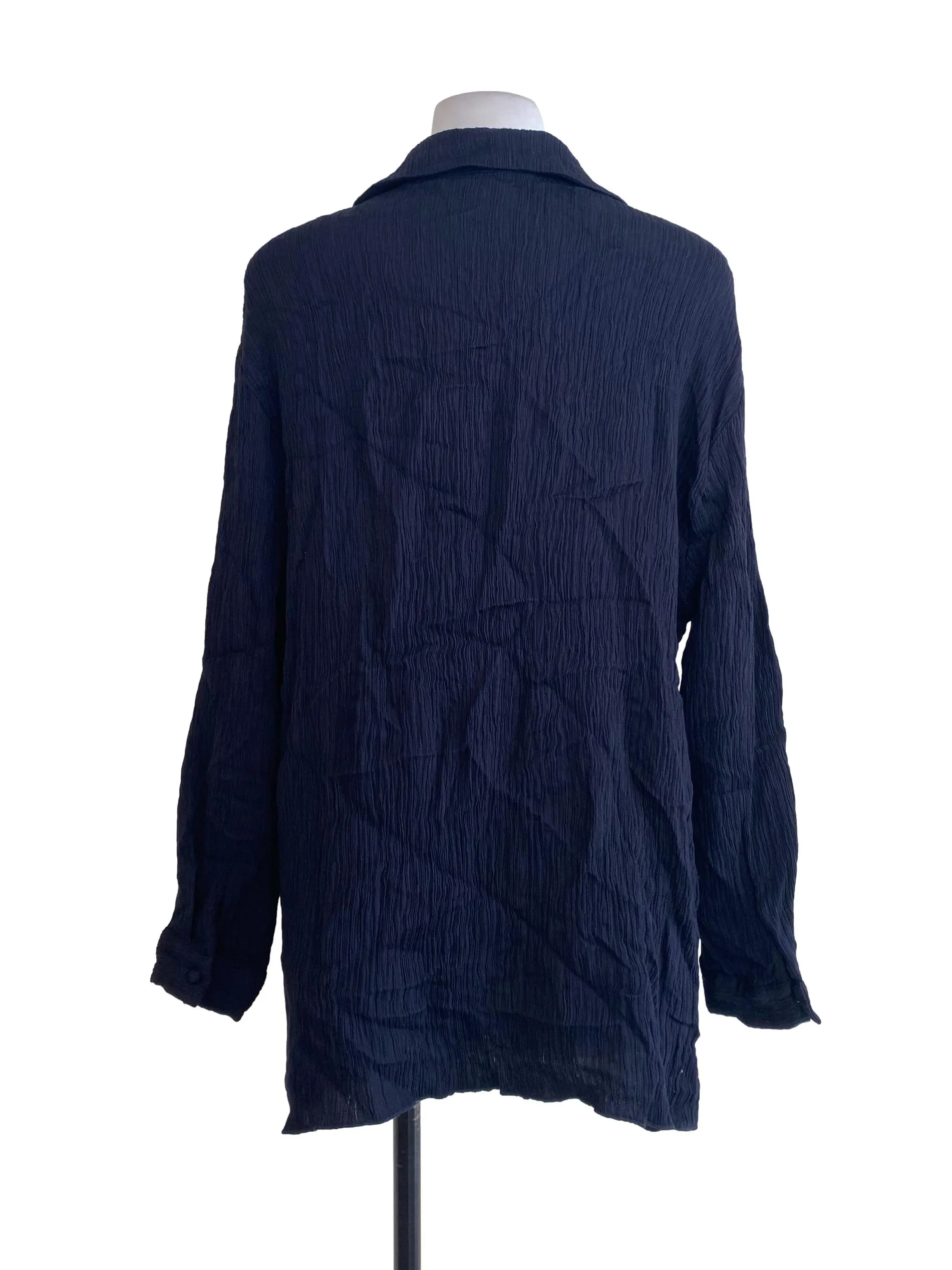 Navy Blue Textured V Neck Blouse