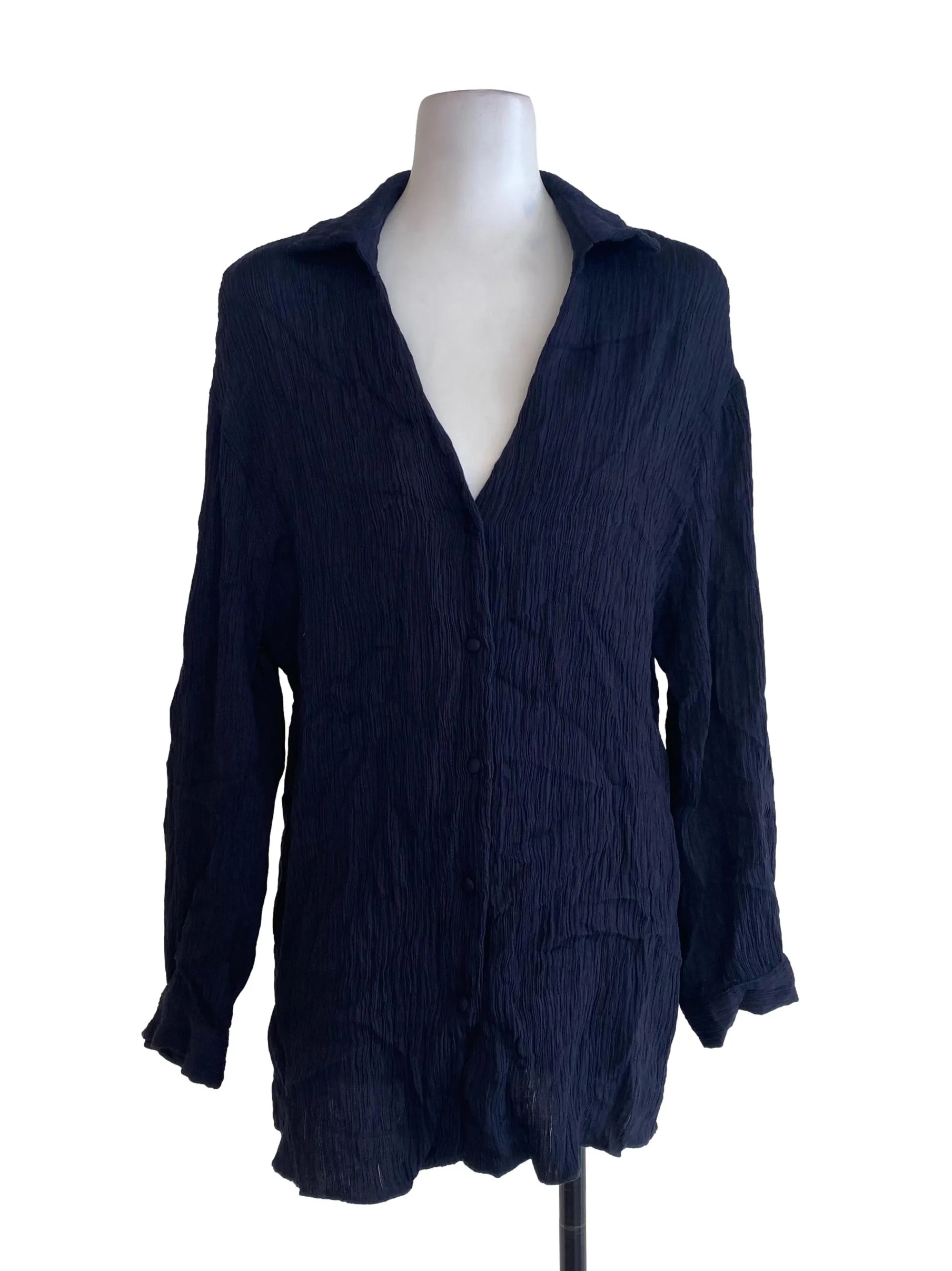 Navy Blue Textured V Neck Blouse