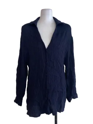 Navy Blue Textured V Neck Blouse