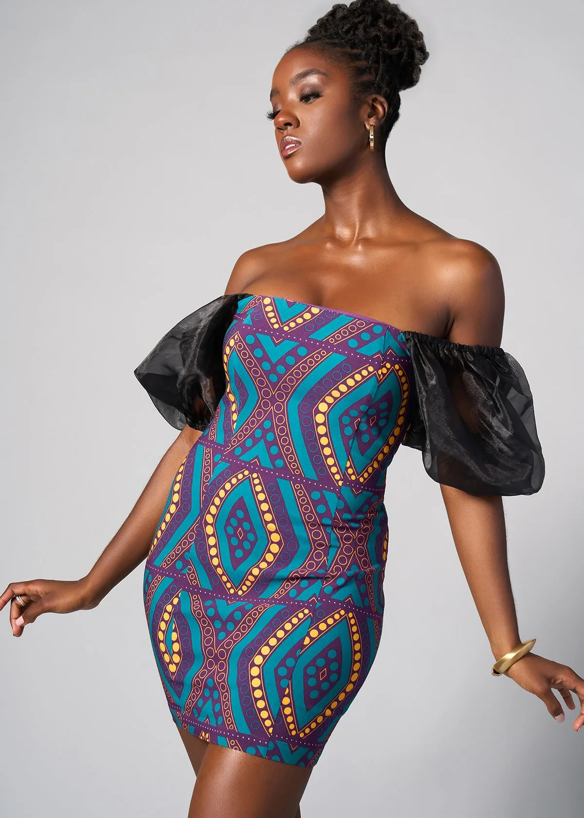 Nayana African Print Stretch Organza Sleeves  Dress (Emerald Retro Diamonds)
