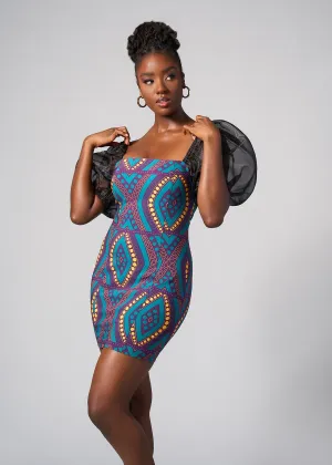 Nayana African Print Stretch Organza Sleeves  Dress (Emerald Retro Diamonds)