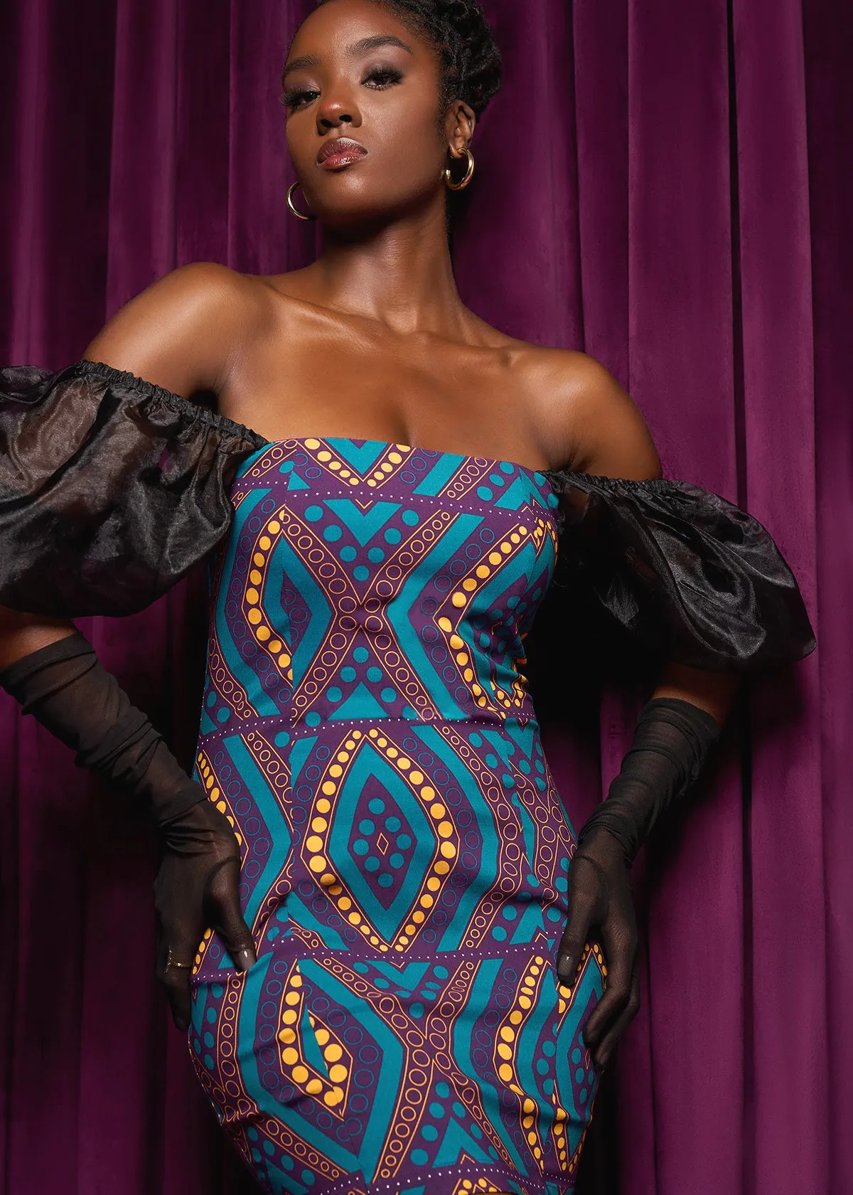 Nayana African Print Stretch Organza Sleeves  Dress (Emerald Retro Diamonds)